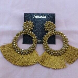 Natasha NWT Seed Beaded Circle Hoops Fan Fringe Tassel Pierced Earrings